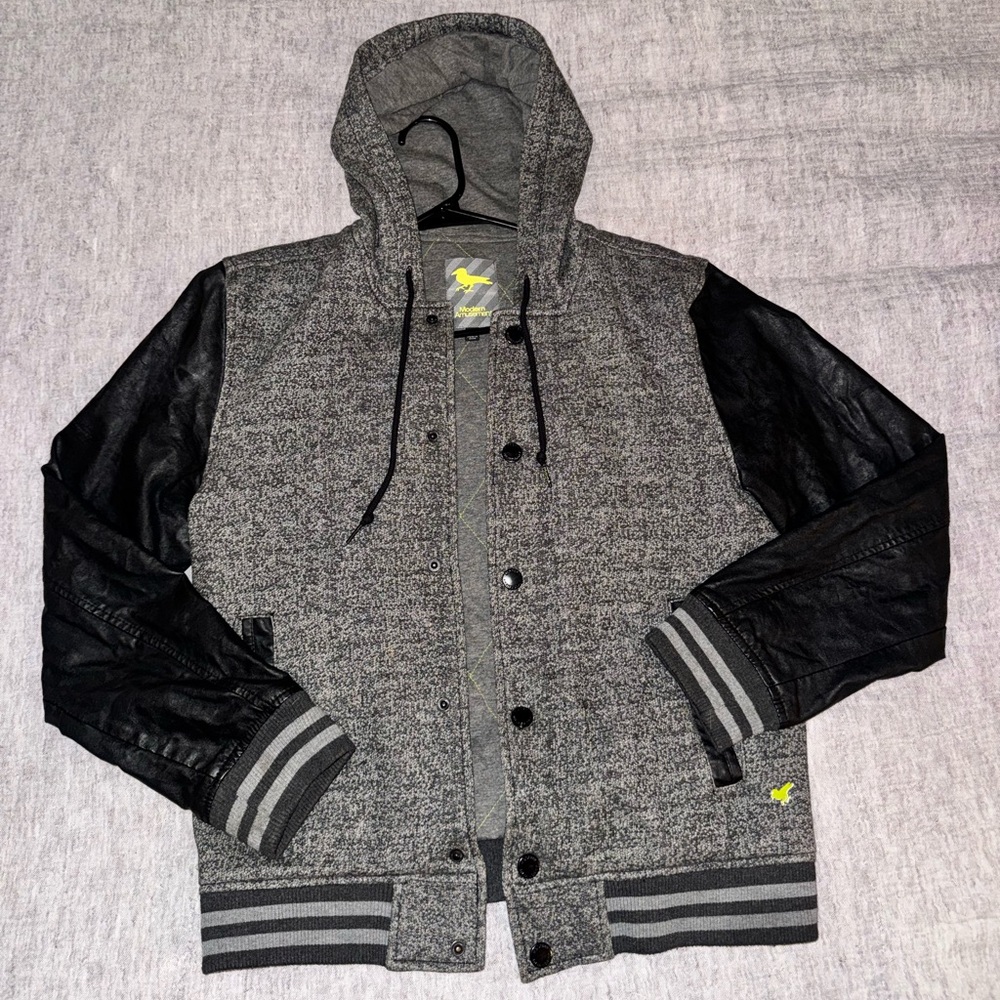 Modern Amusement Gray Heather Hooded Varsity Jacket with Black Sleeves